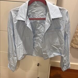 Blue Boxy Crop Button Down Shirt